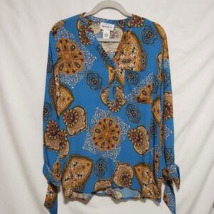 Republic Paisley Blouse Long Sleeve V-Neck Tie Cuff Casual‎ Top Blue Medium